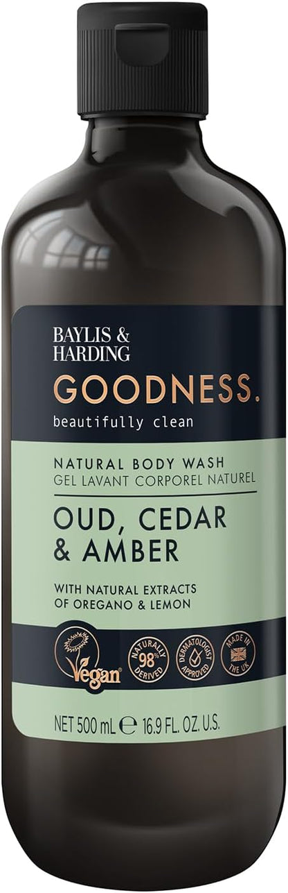 Baylis &amp; Harding Goodness Oud, Cedar and Amber Body Wash, 500 ml (Pack of 3) - Vegan Friendly