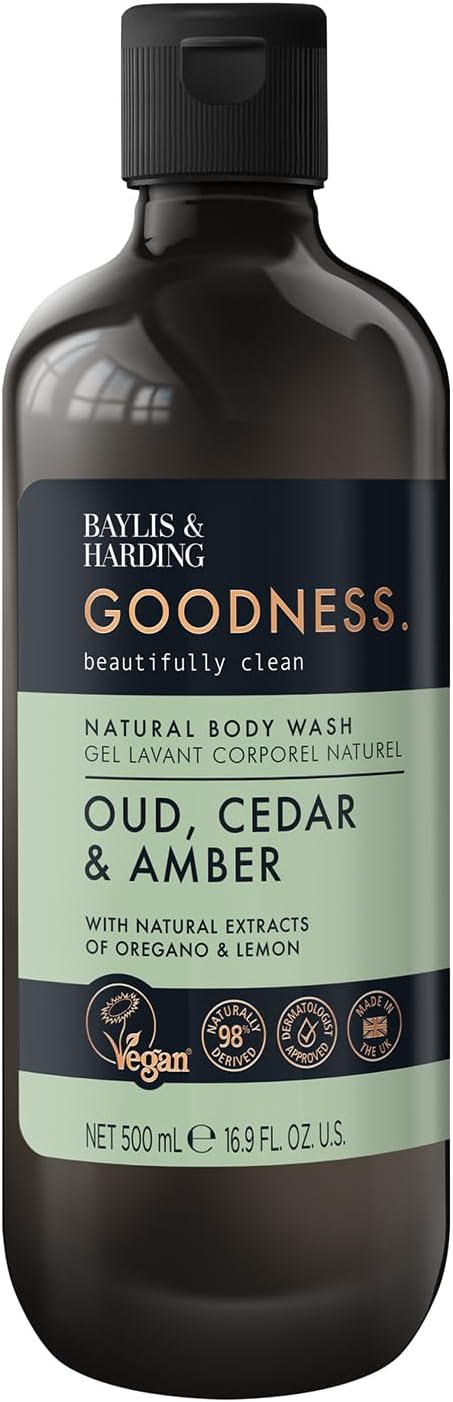 Baylis &amp; Harding Goodness Oud, Cedar and Amber Body Wash, 500 ml (Pack of 3) - Vegan Friendly