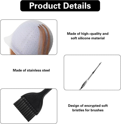1 Pcs Silicone Pre-Punched Hair Highlighting Cap for Colouring and | Streaking, with 5 Coloring Brushes and 1 Needle, for Salon
