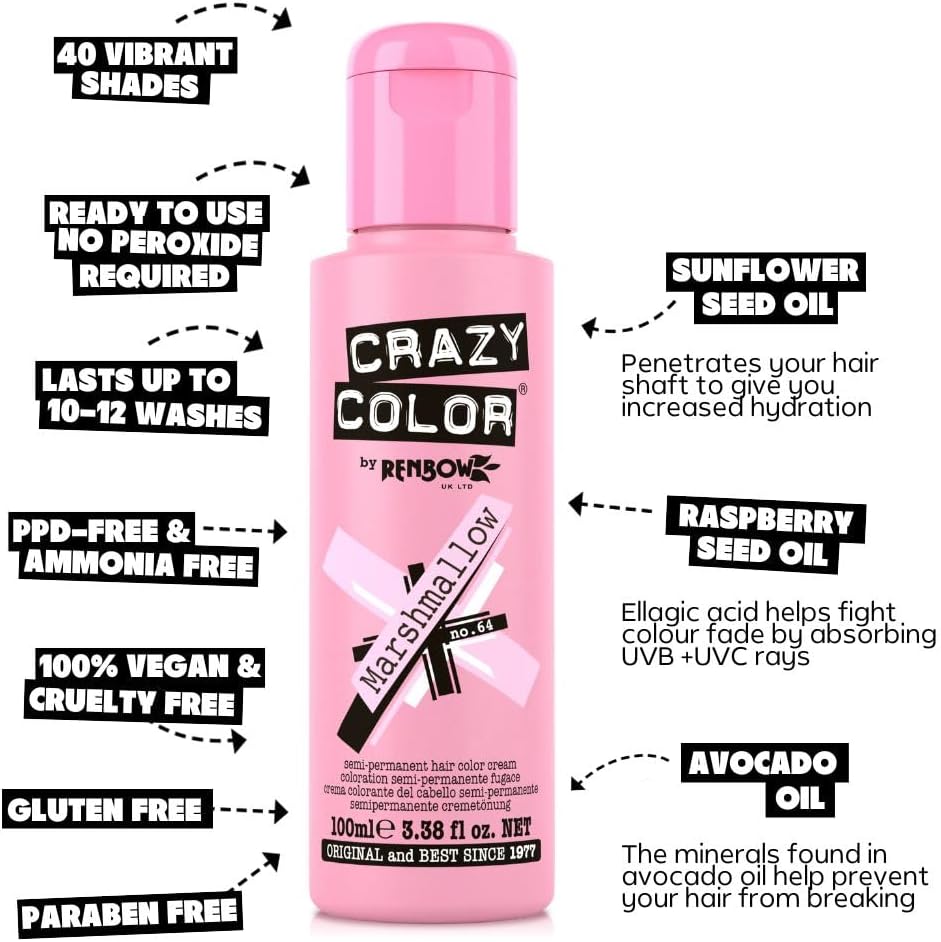 Crazy Color Metallic Marshmallow Semi-Permanent Hair Dye. Highly Pigmented Dusty Pink Conditioning &amp; Oil Nourishing Vegan Formula | No Bleach or Ammonia | 100ml
