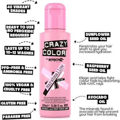 Crazy Color Metallic Marshmallow Semi-Permanent Hair Dye. Highly Pigmented Dusty Pink Conditioning &amp; Oil Nourishing Vegan Formula | No Bleach or Ammonia | 100ml