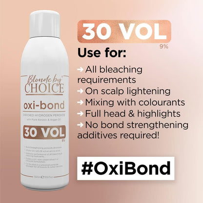 Blonde By Choice Oxi-bond 30 Vol Developer Enriched 9% Hydrogen Peroxide with Keratin, Argan Oil &amp; Amino Acids. Mix Hair Bleach Powder And Peroxide to Improve Hair Colouring or Bleaching 1000ml