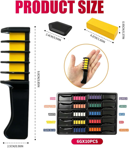 10 PCS Hair Colour Comb, Temporary Bright Hair Chalk Set, Washable Hair Dye Combs for Men &amp; Women, Vibrant Colouring for Halloween, Christmas, Birthday Party &amp; Cosplay Use