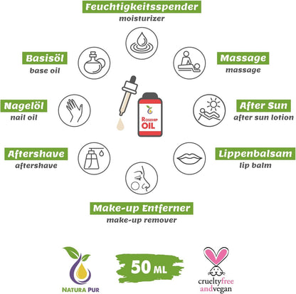 Rosehip Oil 50ml - 100% organic, cold pressed, vegan - Anti-aging Rose Hip Seed Oil for face, skin, body, hair, hands