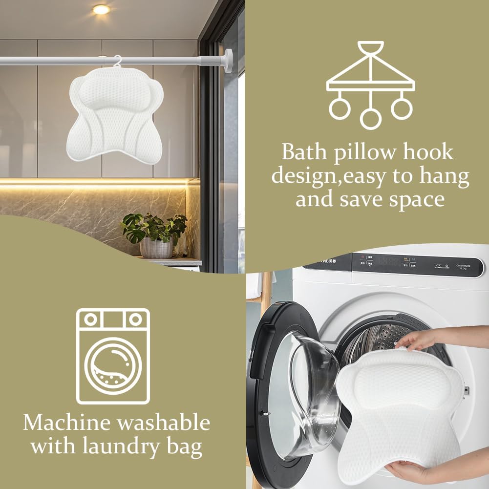 Bath Pillow, 4D Luxury Bath Bathtub Pillow &amp; Bath Ball Set, Ergonomic Mesh SPA Tub Pillow, with Non-Slip Suction Cups Ergonomic Home Spa Headrest for Relax Body Head(Butterfly Style, White)