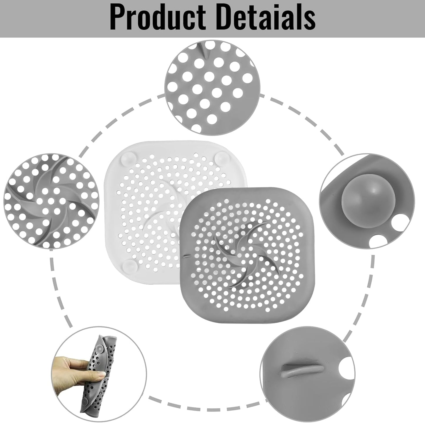 rietegio 4Pcs Silicone Drain Cover Suction Cup Sink Strainer Replacement Sink Strainer Drain Protector Shower Drain Hair Catcher for Bathroom Bathtub Kitchen Outdoor(2White+2Grey）