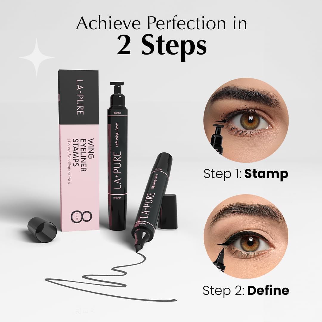 LA PURE Waterproof Winged Eyeliner Stamp - 8mm Long Lasting Liquid Liner Pen, 2 Wingliner Black Make Up Pens, Vamp Style Wing, Smudgeproof &amp; Sweatproof, Perfect Cat Eye Look, Eyeshadow, No Dipping