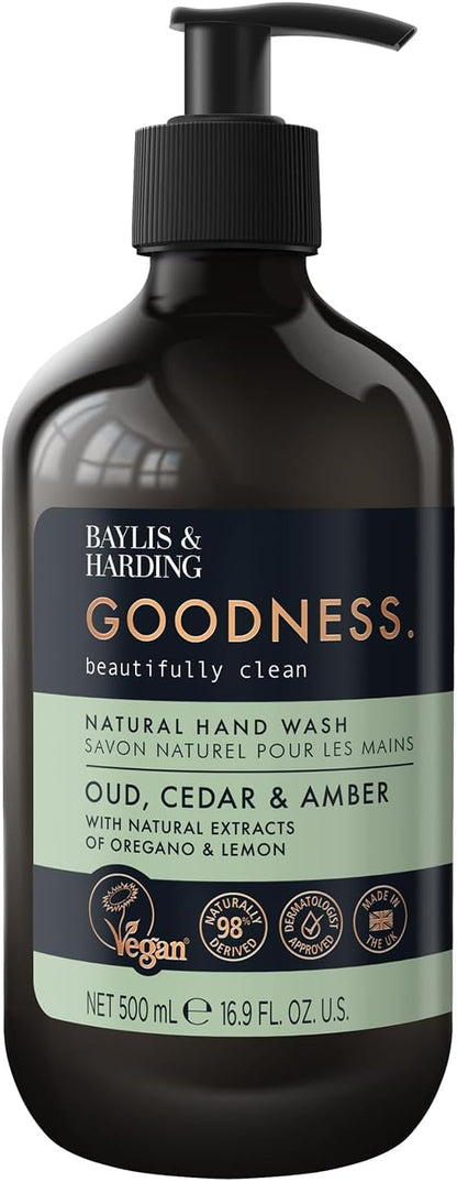 Baylis &amp; Harding Goodness Oud, Cedar &amp; Amber Natural Hand Wash, 500 ml (Pack of 3) - Vegan Friendly