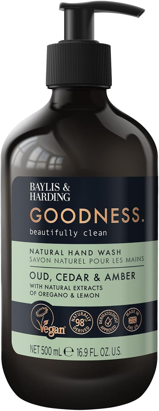 Baylis &amp; Harding Goodness Oud, Cedar &amp; Amber Natural Hand Wash, 500 ml (Pack of 3) - Vegan Friendly