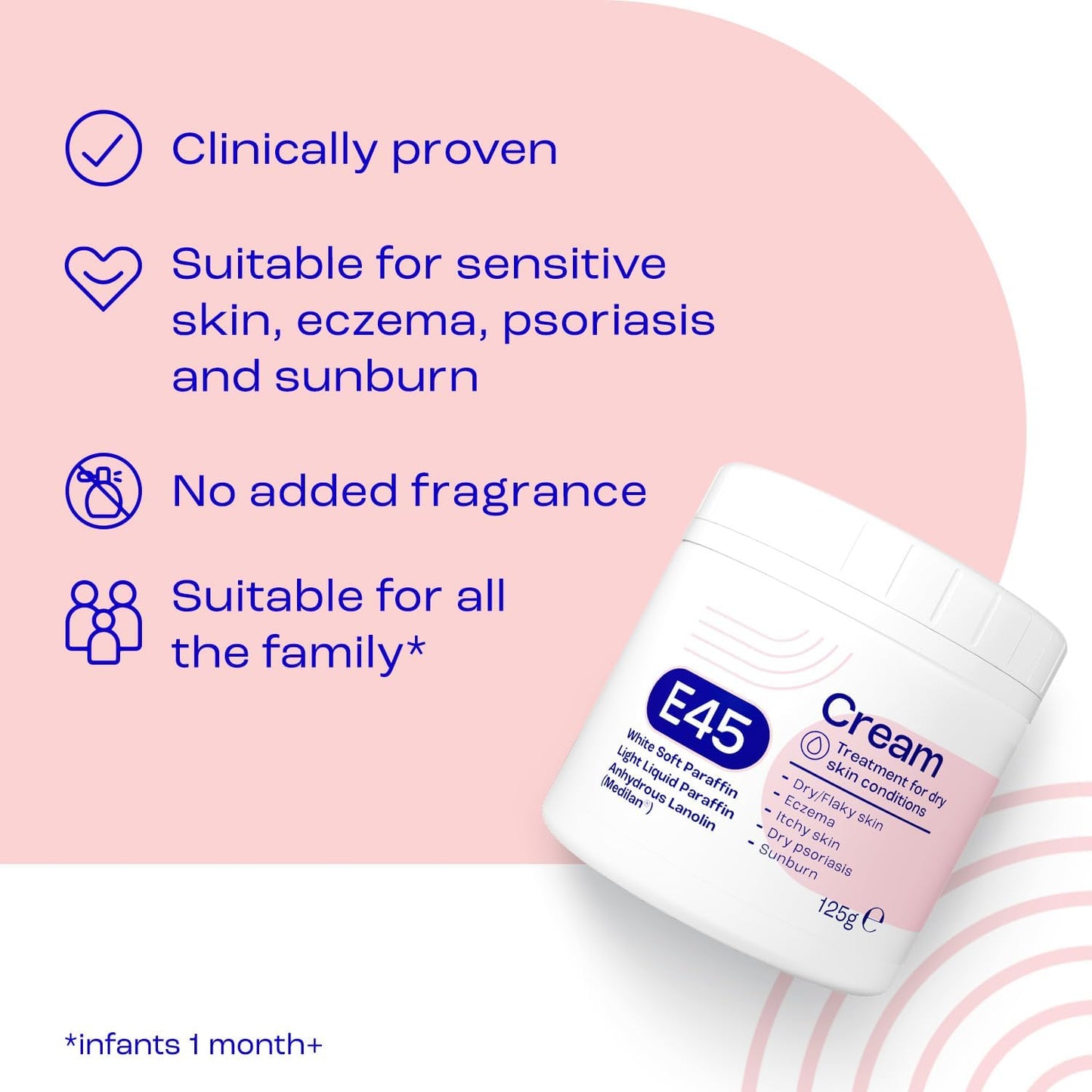 E45 Cream 125g Moisturiser for Dry &amp; Sensitive Skin, Perfume Free | Emollient cream - Soothes dry, itchy &amp; irritated skin - Non-greasy - Face &amp; hands - Eczema-prone skin