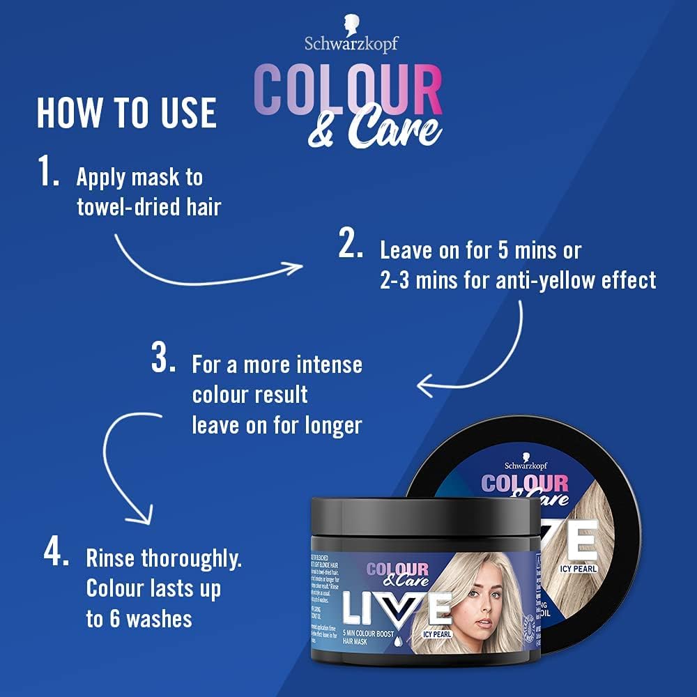 Schwarzkopf LIVE Colour &amp; Care Hair Mask, 5 Minute Wash Out Blonde Toning, Colour Boost, Semi-permanent Silver Hair Dye, Lasts Up To 6 Washes- Icy Pearl, 150ml