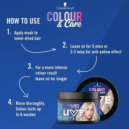 Schwarzkopf LIVE Colour &amp; Care Hair Mask, 5 Minute Wash Out Blonde Toning, Colour Boost, Semi-permanent Silver Hair Dye, Lasts Up To 6 Washes- Icy Pearl, 150ml
