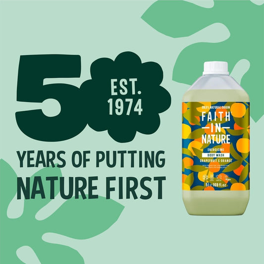 Faith In Nature Natural Grapefruit &amp; Orange Body Wash, Energising Shower Gel, Vegan &amp; Cruelty Free, No SLS or Parabens, 5L Refill Pack