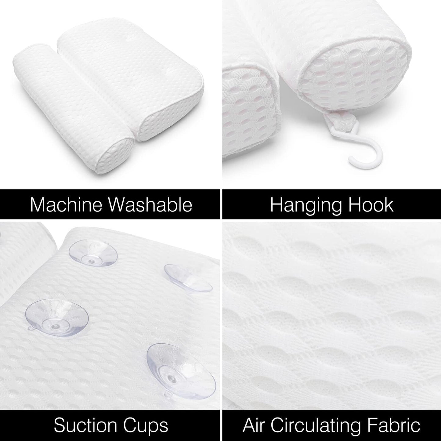 Rio Luxury Spa Bath Pillow Ergonomic Design - Soft 3D Air Mesh Technology &amp; 6 Strong Suction Cups Help Support Head Neck Back Shoulder Home Relaxation Routine, Fits All Baths, Quick Dry Hook