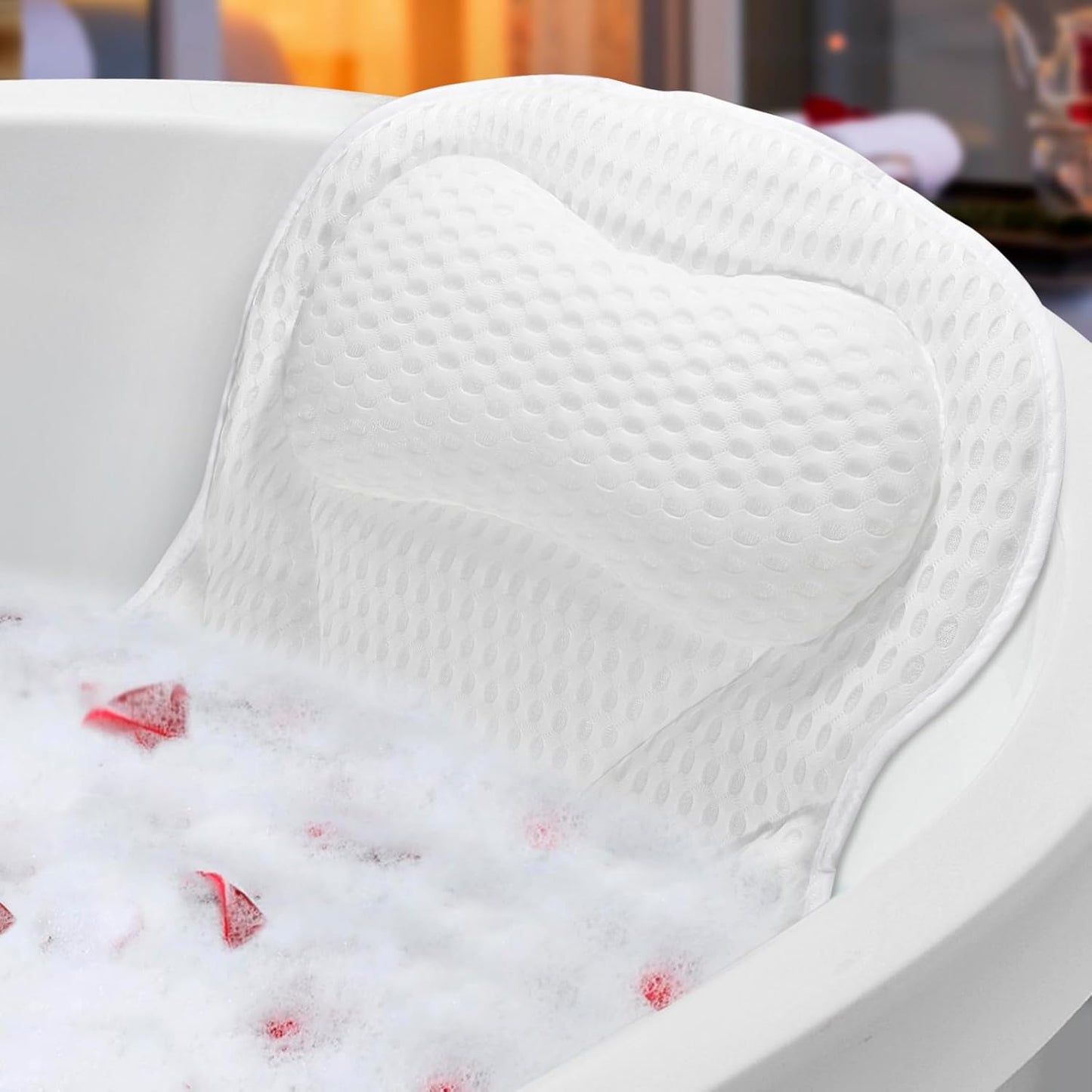 Bath Pillow for Bathtub, Non-Slip Head &amp; Neck Support with 7 Suction Cups, 4D Air Mesh Quick Dry Waterproof, Ergonomic Spa Gift, Machine Washable, White
