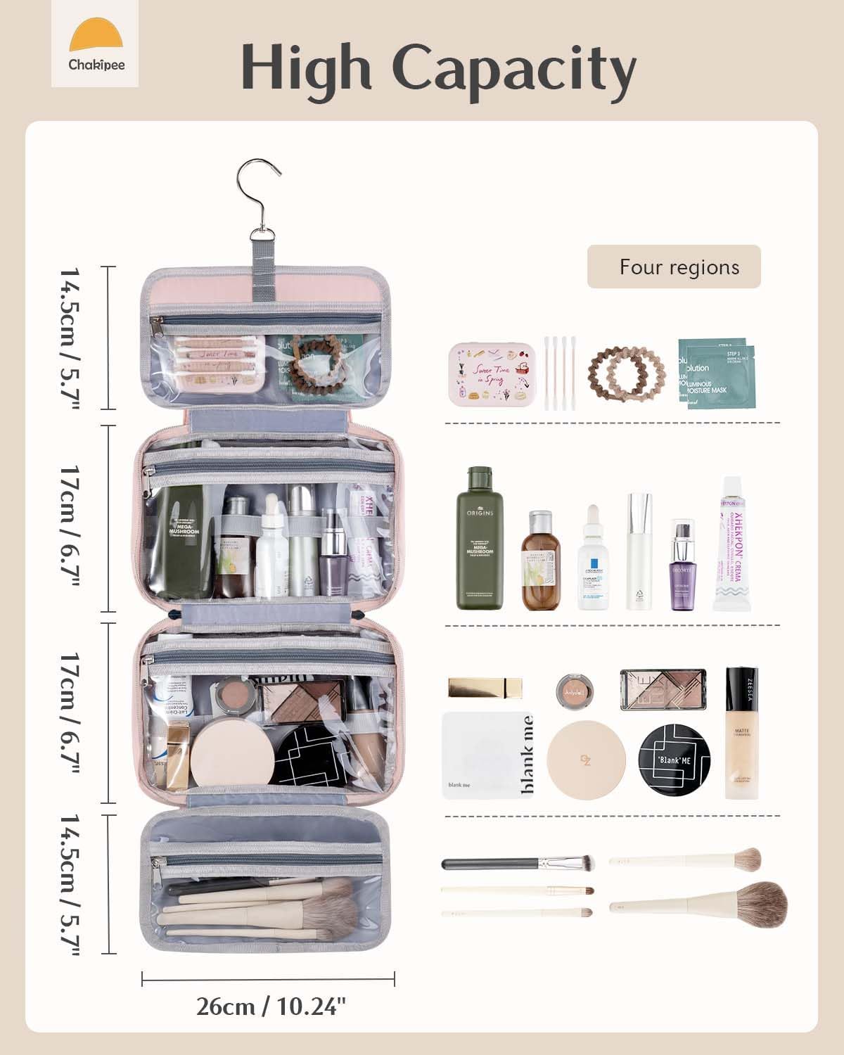 Travel Hanging Toiletry Bag for Women - Foldable Toiletries Waterproof Organizer with Clear Window, Lightweight Wash Bags for Essentials, Makeup, Shampoo，Pink, Medium