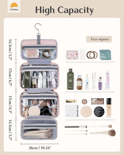 Travel Hanging Toiletry Bag for Women - Foldable Toiletries Waterproof Organizer with Clear Window, Lightweight Wash Bags for Essentials, Makeup, Shampoo，Pink, Medium