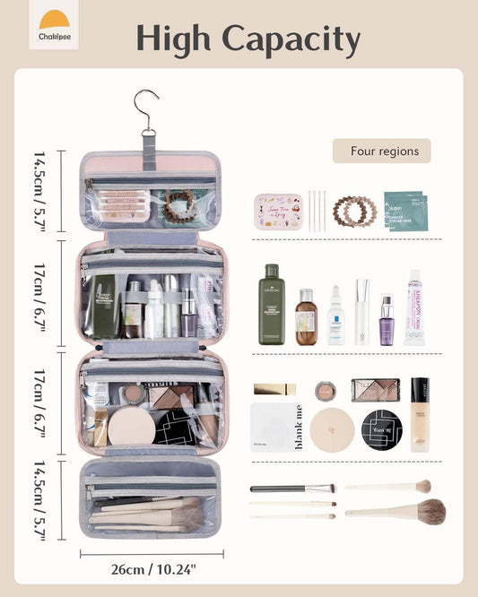 Travel Hanging Toiletry Bag for Women - Foldable Toiletries Waterproof Organizer with Clear Window, Lightweight Wash Bags for Essentials, Makeup, Shampoo，Pink, Medium