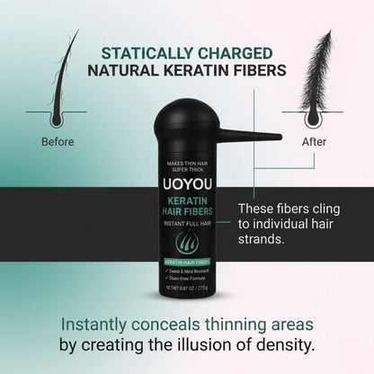 UOYOU Hair Fibres BLACK 27.5g with Pump Applicator – Natural Keratin Hair Building Fibers for Thinning Hair – Undetectable, Sweat- &amp; Wind-Resistant Concealer for Men &amp; Women