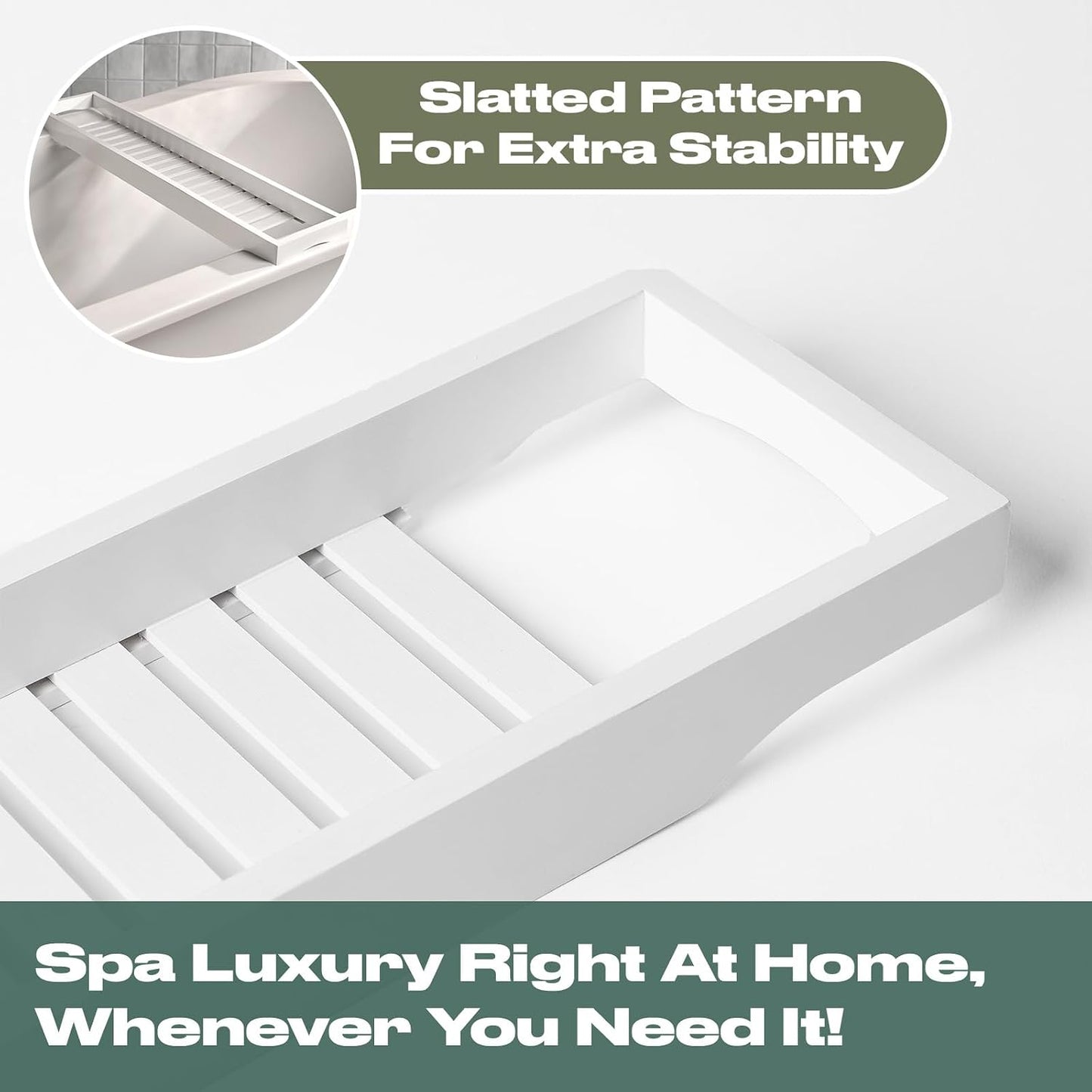 OHS Bath Trays for Across The Bath, Home Spa Bath Caddy Bamboo Bath Tray Wooden Bath Table Organiser Candles Wine Glass Books Shelf Over Bath for Accessories, White