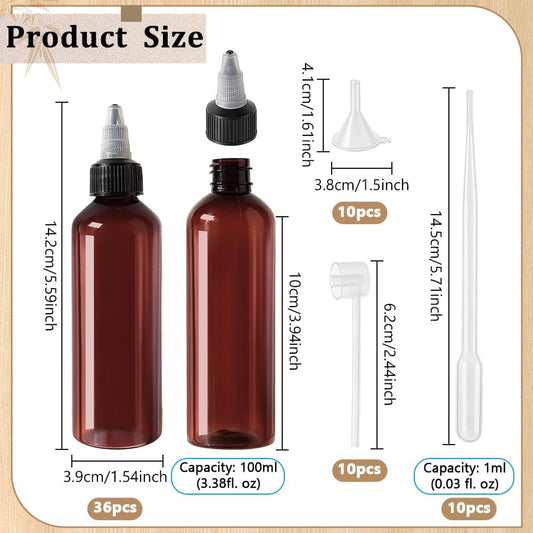 36Pcs 100ml Amber Plastic Squeeze Bottles with Nozzles | Empty Applicator Bottles with 10 Transfer Pipettes, 10 Funnels &amp; 10 Pumps for Shampoo Body Wash Lotion Sauce DIY Crafts