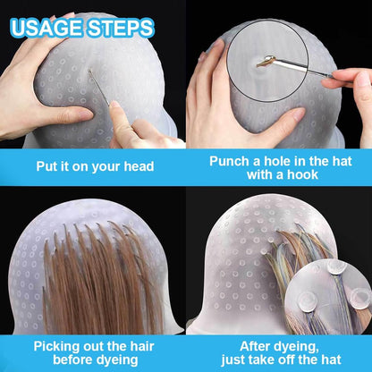 Punched Hole Silicone Highlight Hair Cap with Needle, Reusable Highlight Hat with Hook, Hairdressing Dyeing Staining Tools Kit, Prepunched Highlights Cap for Hair Salon