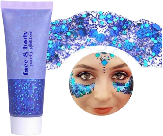 Blue Body Glitter Gel, 50ml Hair Glitters, Face Sequins Shimmer Liquid Eyeshadow, Mermaid Sequins Festival Glitter Chunky Glitters for Eye Hair Lip Nail DIY Art Party (Blue)