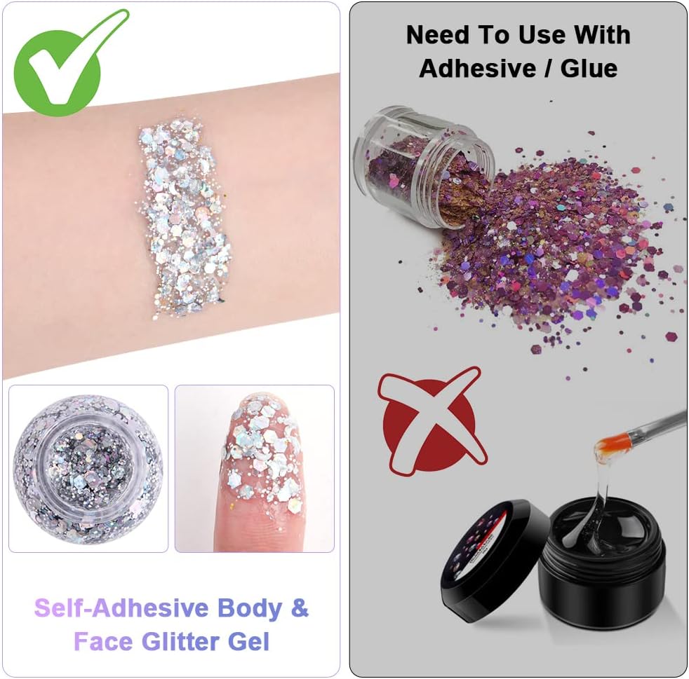 URAQT Holographic Mermaid Sequins Chunky Cosmetic Glitter Face and Body Gel, Sparkling Festival Party Lotion for Face, Body, Eye, Hair, Nail Makeup and DIY Art (Silver)