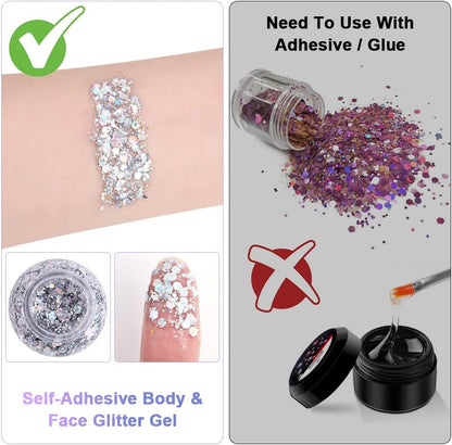 URAQT Holographic Mermaid Sequins Chunky Cosmetic Glitter Face and Body Gel, Sparkling Festival Party Lotion for Face, Body, Eye, Hair, Nail Makeup and DIY Art (Silver)