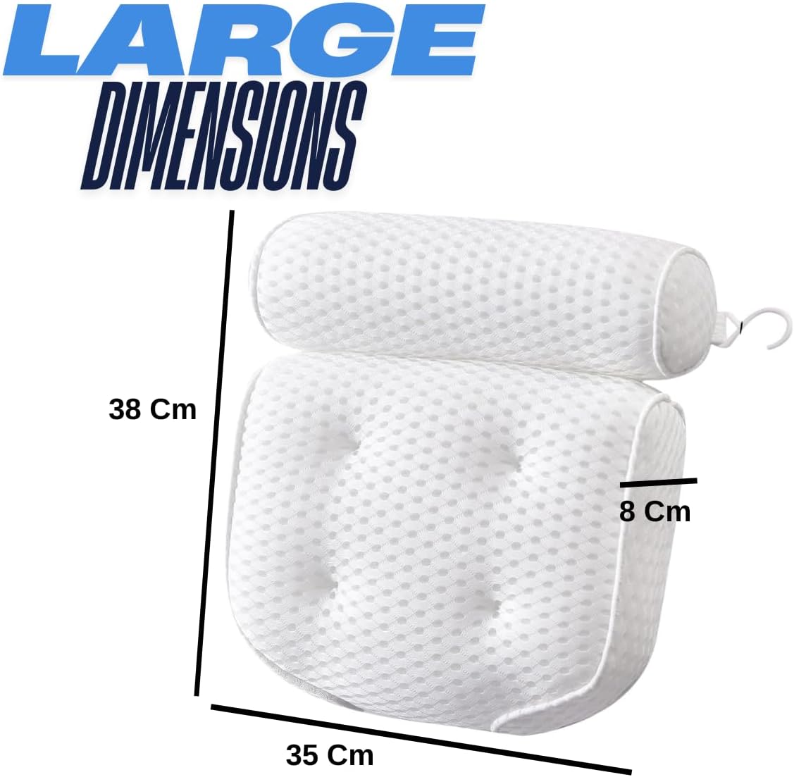 Top Home Solutions®Bath Pillow - Extra Thick and Soft with Strong Suction Cups, Bath Pillow For Head And Neck with 3d Air Mesh Quality Comfort &amp; Built-In Hook For Easy Drying &amp; Storage (White)