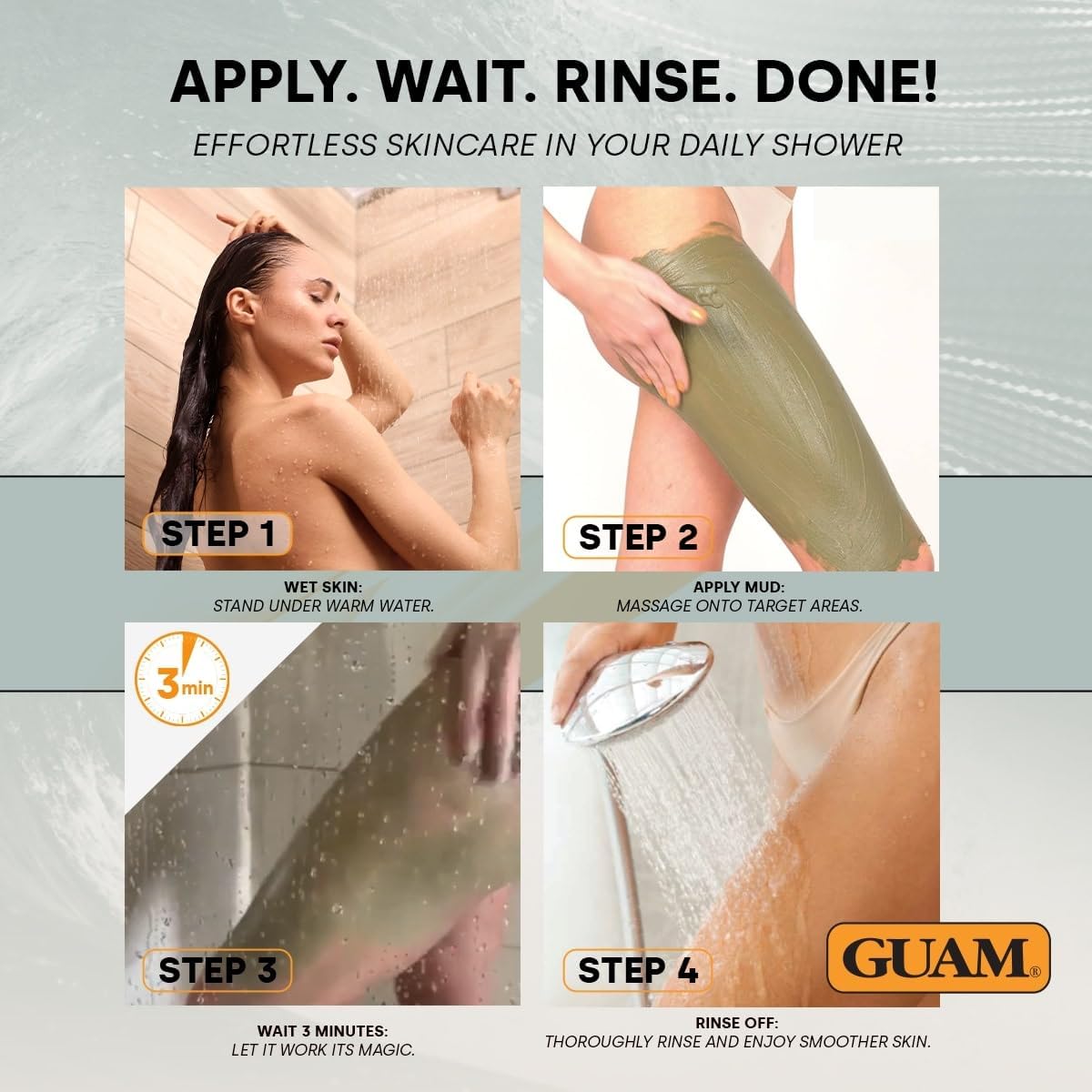 GUAM FIR Tourmaline Shower Mud Anti Cellulite Treatment 400ml, 3-Min Thermal Draining Seaweed Body Mask for Tummy, Legs &amp; Buttocks, Fast-Rinse Firming Care for Daily Smoother-Looking Skin