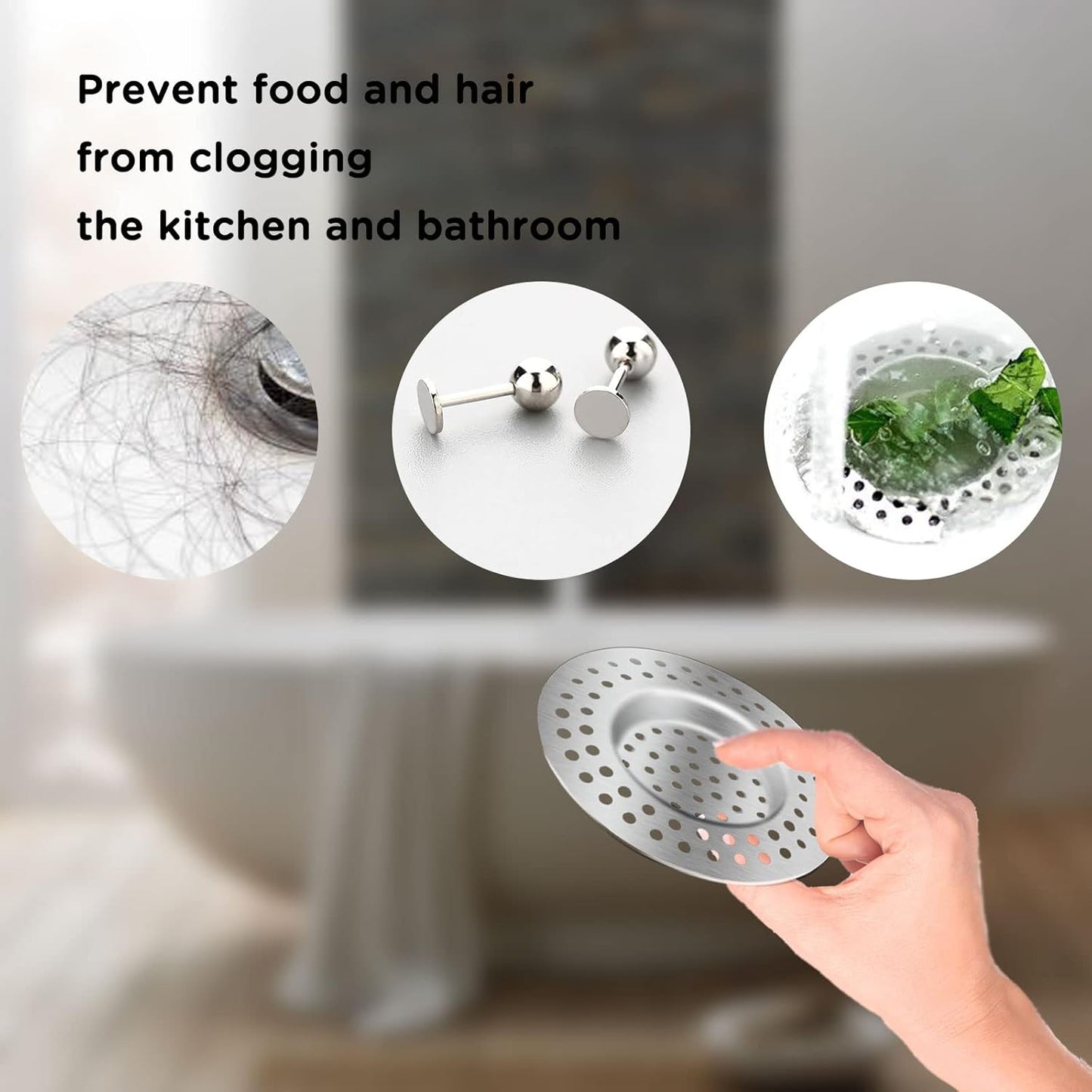 2pcs Kitchen Bathroom Sink Strainer, Stainless Steel Drain Filter, Bath Drain Protector, Shower Drain Cover Hair Trap Catcher Stopper Plug, 2.95 Inch/7.5cm Outer Diameter
