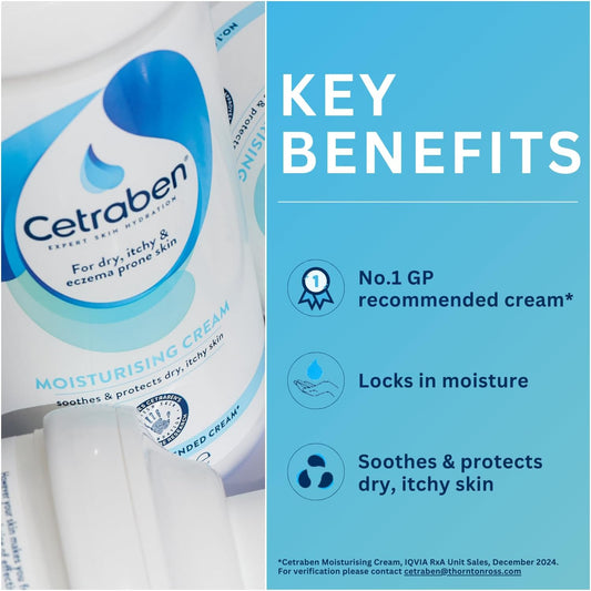 Cetraben Moisturising Cream, For Dry, Itchy, Sensitive &amp; Eczema-Prone Skin, Soothe, Moisturise, Hydrate, &amp; Protect, Dermatological Moisturiser,Daily Use on the Body, Fragrance Free, 1 x 475ml