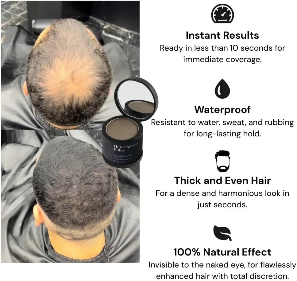 hairo Hair Density Filler, Hairline Powder Root Touch Up for Thinning Hair Coverage, Hair Fibre Waterproof Effect, Bald Spot Concealer for Women Men, Dark Brown Instant Blend with Puff Mirror