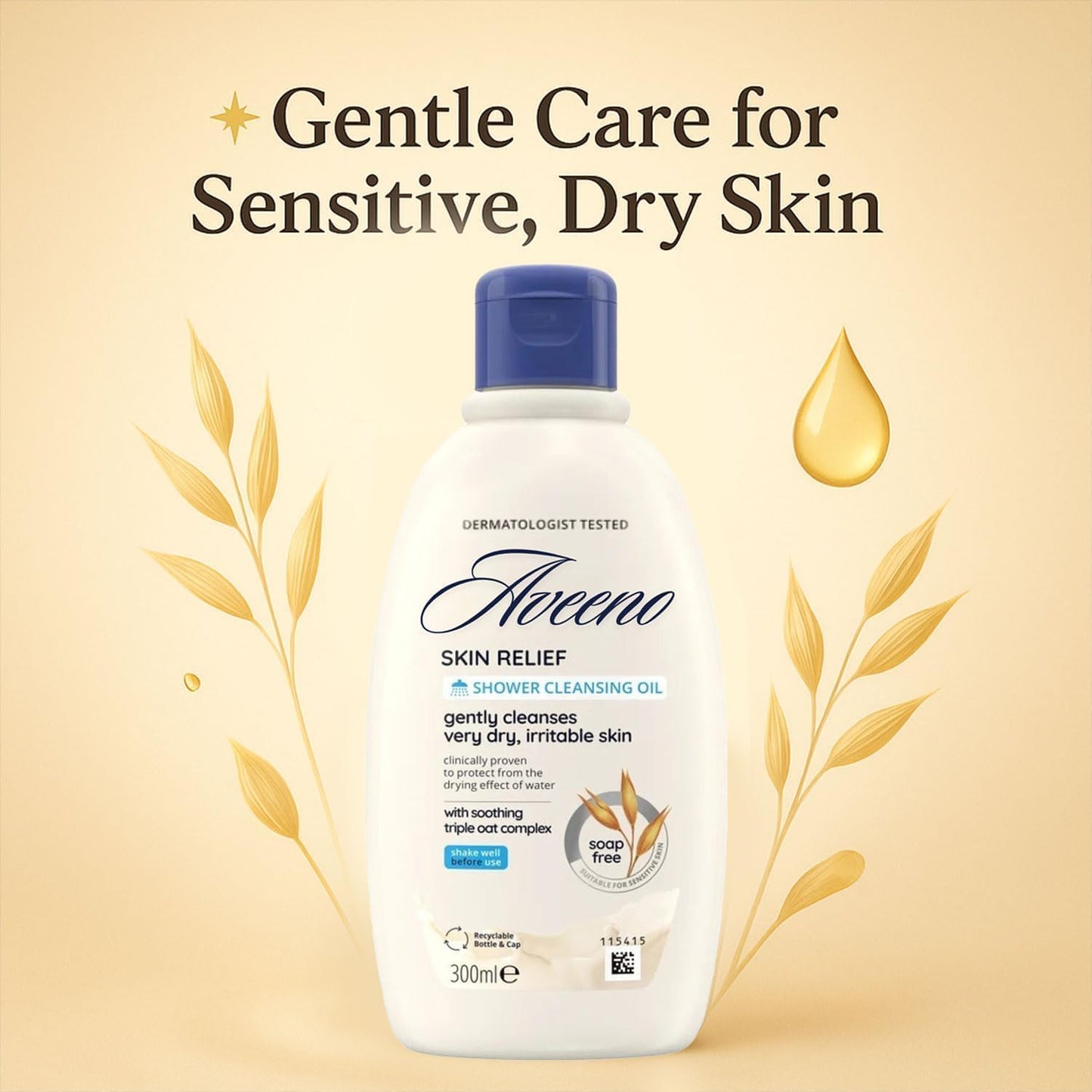 Aveeno Skin Relief Cleansing Oil, 300ml, Gentle Body Wash for Very Dry &amp; Sensitive Skin, Soap-Free Moisturising Cleanser
