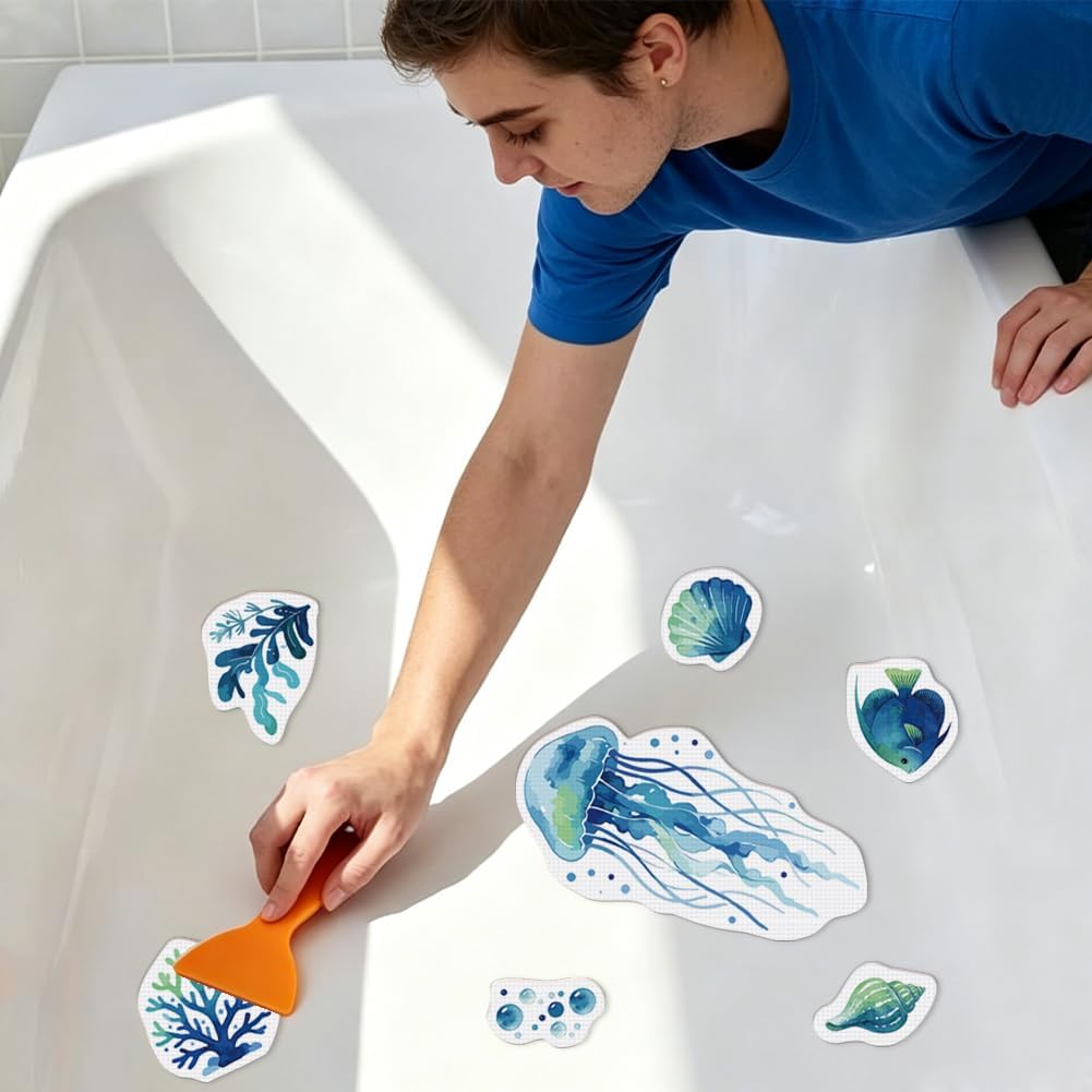 28Pcs 28 Style Large Bathtub Stickers Blue Ocean Theme Design, Shower Floor Anti Slip Decals Sea Turtle Jellyfish Fish Self Adhesive Safety Grips with Scraper for Tub Tiles Bathroom Decor