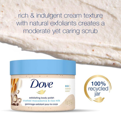 Dove Exfoliating Body Polish Body Scrub, Macadamia &amp; Rice Milk, 10.5 oz