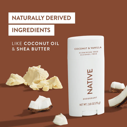 Native Deodorant Womens &amp; Men – Alcohol &amp; Aluminium Free - Coconut &amp; Vanilla Scent - Naturally Derived with Shea Butter, Coconut Oil &amp; Baking Soda - 72 Hour Odor Control (75g)