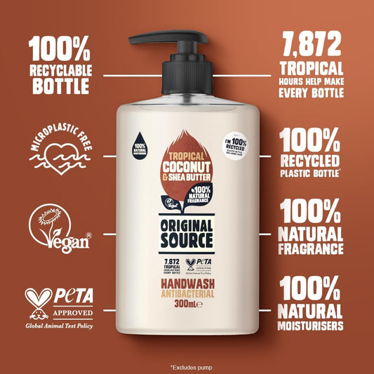 Original Source Coconut and Shea Butter Handwash with 100% Natural Fragrance, Vegan Handwash, Antibacterial, Natural Moisturisers, Multipack of 6 x 300 ml
