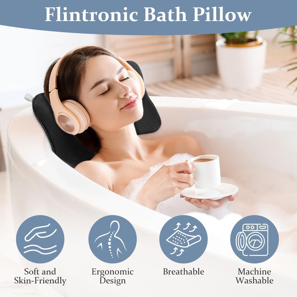Flintronic Bath Pillow, Luxury Bath Bathtub Pillow for Head, Neck, Shoulder and Back Support, Ergonomic Breathable Mesh SPA Tub Pillow, Fits all Bathtub (Black)