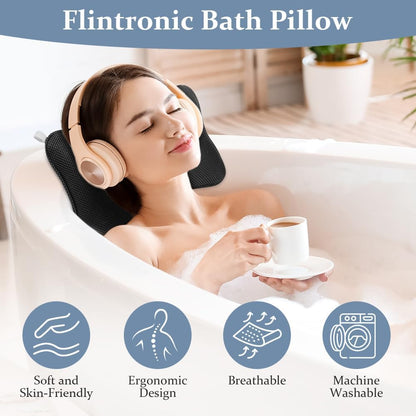 Flintronic Bath Pillow, Luxury Bath Bathtub Pillow for Head, Neck, Shoulder and Back Support, Ergonomic Breathable Mesh SPA Tub Pillow, Fits all Bathtub (Black)