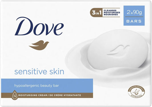 Dove Hypoallergenic Beauty Cream Bar 3 in-1 Cleanses, Moisturises and Nourishes Sulphate-Free Bath Soap for Soft and Smooth Skin, Specially Made for Sensitive Skin 2x90g, 3 Pack