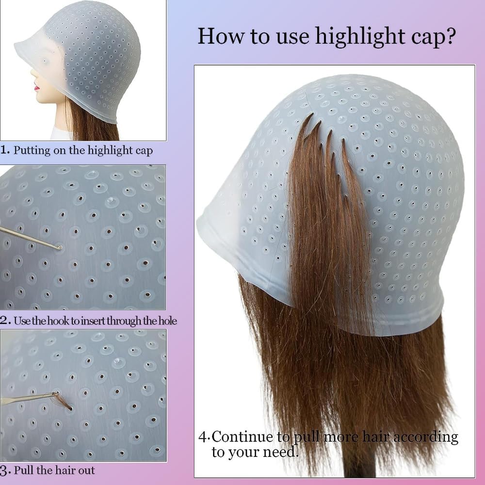 Hair Highlighting Kit,Pre-Drilled Silicone Highlighting Cap Set with Holes - Complete Hair Coloring Kit Including Hair Hooks 3 Coloring Brushes and 1 Glove for Easy Highlights at Home