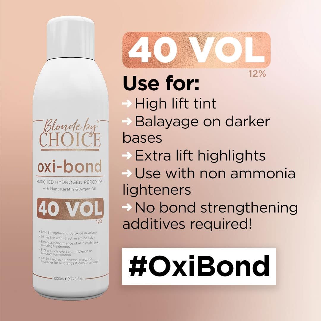 Blonde By Choice Oxi-bond 40 Vol Developer Enriched 12% Hydrogen Peroxide with Keratin, Argan Oil &amp; Amino Acids. Mix Hair Bleach Powder And Peroxide to Improve Hair Colouring or Bleaching 1000ml
