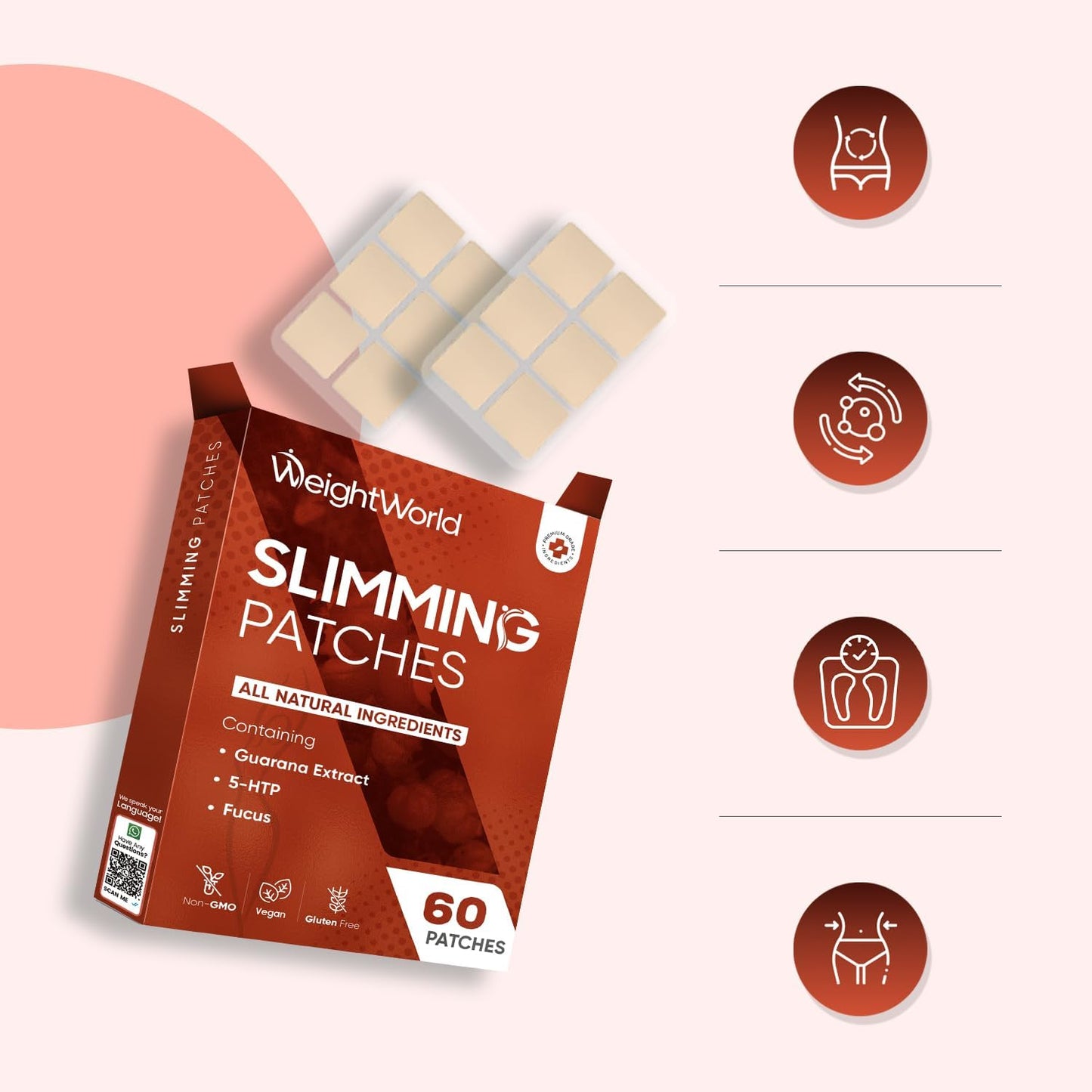 Guarana Slimming Patches | 60 Patches | 2 Months Supply | with 55% Guarana Extract, Flaxseed &amp; Griffonia Seed Powder | Natural &amp; Safe | Ultra-Thin &amp; Transparent | Suitable for Sensitive Parts