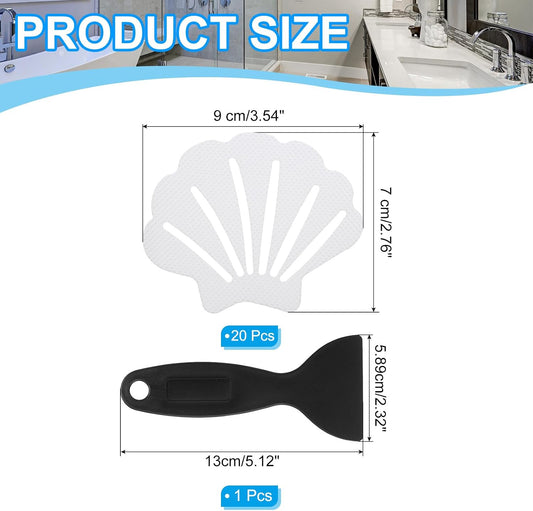 PATIKIL Bathtub Non Slip Stickers 3.54x2.76 Inch, 20 Pack Shell Safety Shower Floor Anti Slip Stickers with Adhesive Decals Scraper for Bath Tub Shower Floor Stair, Clear