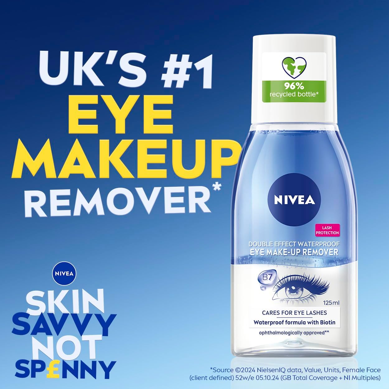 NIVEA Double Effect Waterproof Eye Make-Up Remover (125ml), Daily Use Face Cleanser for Make-Up and Mascara with Cornflower Extract and Biotin