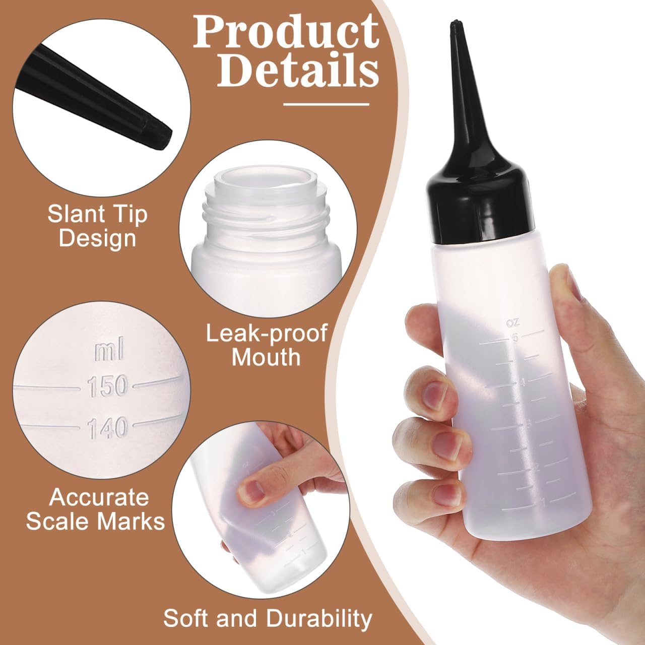 ULTECHNOVO Hair Applicator Bottle 5 oz, Oil Dispenser Squeeze Container 20cm 1Pcs, Clear Measurement Scale Graduated Bottle, Angled Tip Scalp Mechanism for Daily Salon Home Treatment