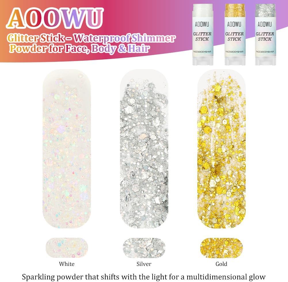 AOOWU Body Glitter Stick,Sparkling Chunky Glitter Gel for Face Body Hair, Holographic Sequins Waterproof &amp; Long Lasting Festival Makeup, Carnival Festival Party Cosplay Accessories,Silver