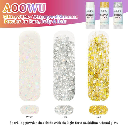 AOOWU Body Glitter Stick,Sparkling Chunky Glitter Gel for Face Body Hair, Holographic Sequins Waterproof &amp; Long Lasting Festival Makeup, Carnival Festival Party Cosplay Accessories,Silver